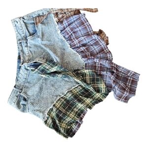 Asymmetrical Denim and Plaid Skirt